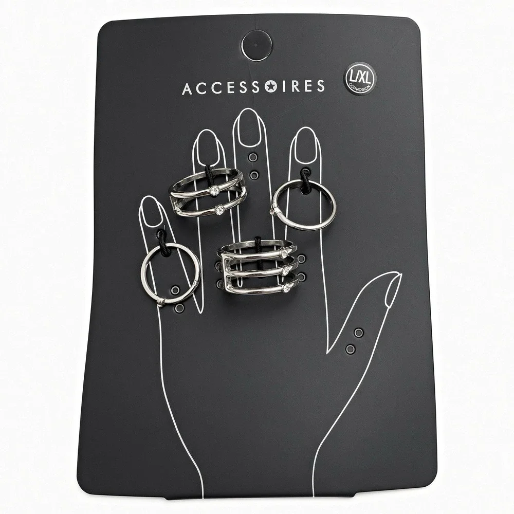 Accessoires Silver Tone Multi Band Crystal Ring Set L/XL Size 4 Piece Fashion Je